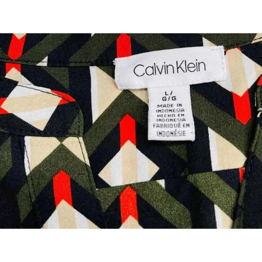 Calvin Klein Womens Long-Sleeve Geometric Pattern Button-Down Blouse‎ L